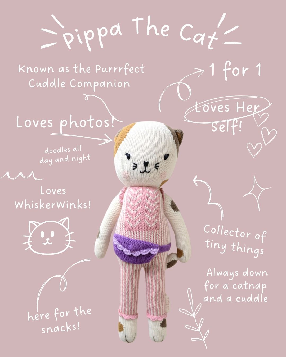 "Pippa The Cat" Pink Chevron Hand-Knit Cat Doll