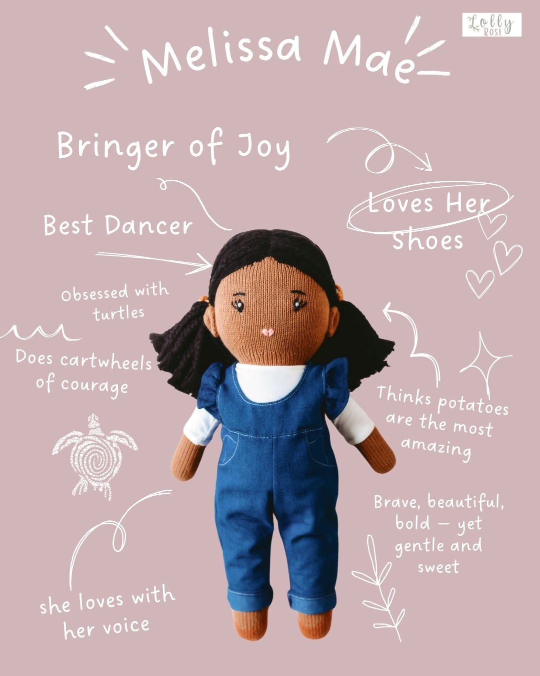 "Melissa Mae" Black Haired Hand-Knit Girl Doll