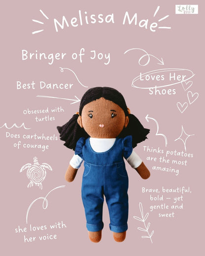 "Melissa Mae" Black Haired Hand-Knit Girl Doll