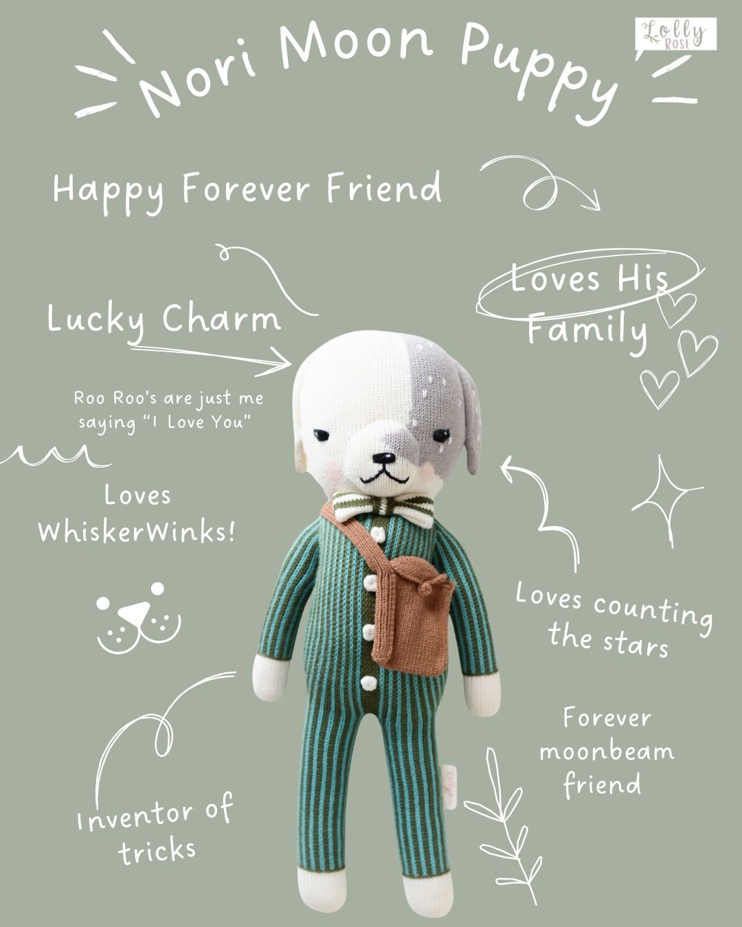 "Nori Moon Puppy" Hand-Knit Teal Dog Doll