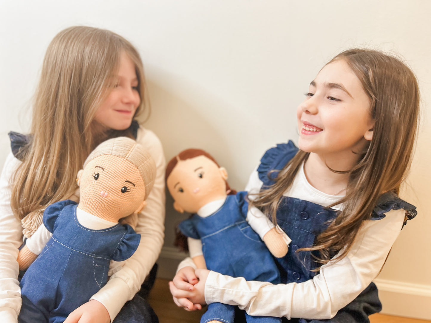 Blonde Hand-Knit Girl Doll  in Denim Romper