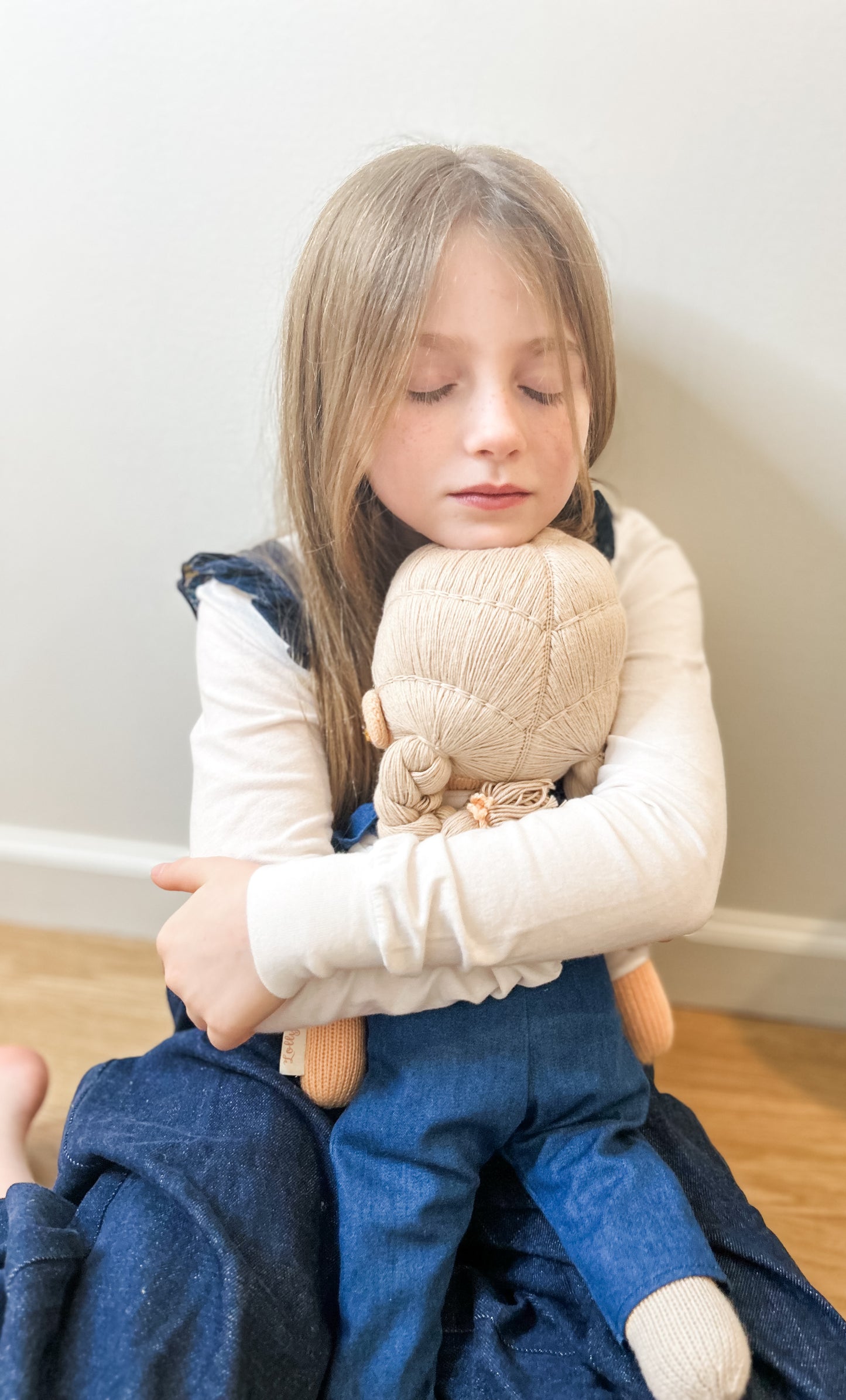 Blonde Hand-Knit Girl Doll  in Denim Romper