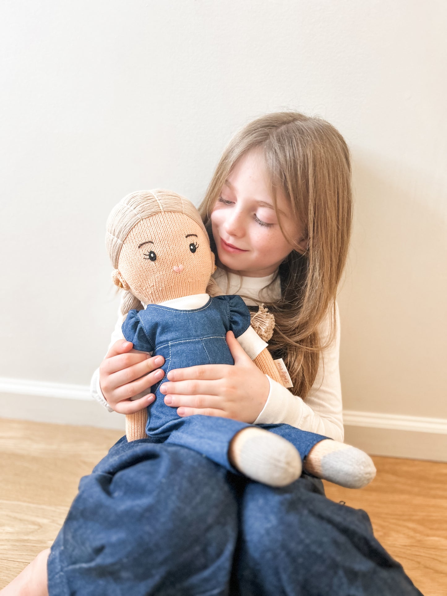 Blonde Hand-Knit Girl Doll  in Denim Romper