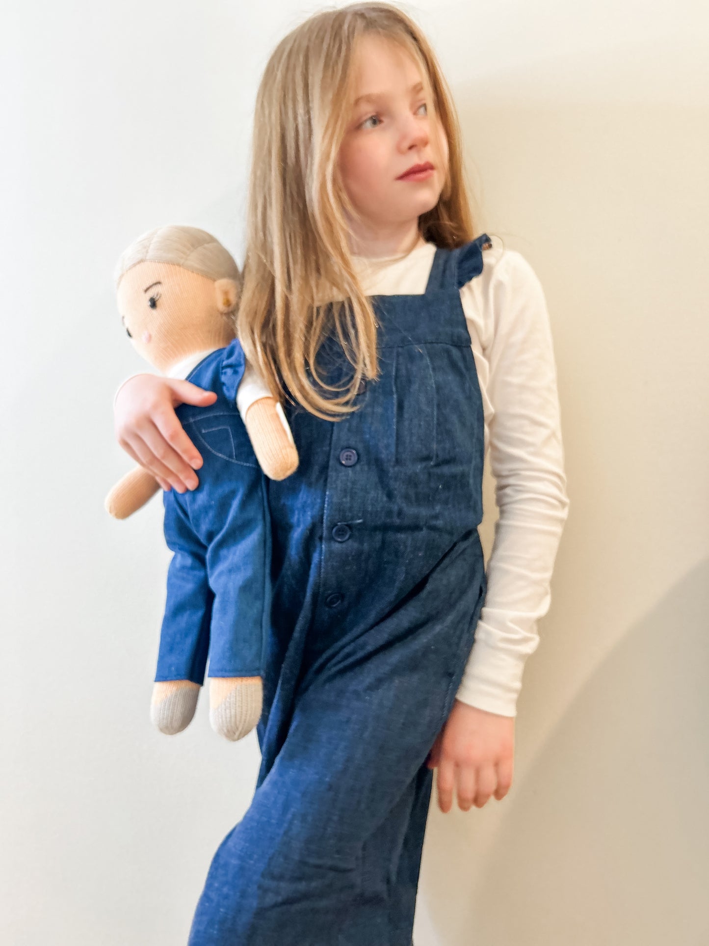 Blonde Hand-Knit Girl Doll  in Denim Romper