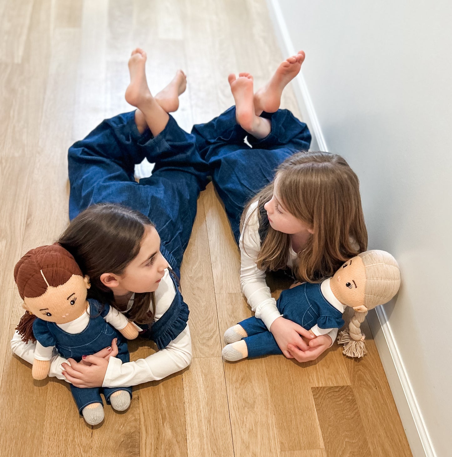 Blonde Hand-Knit Girl Doll  in Denim Romper