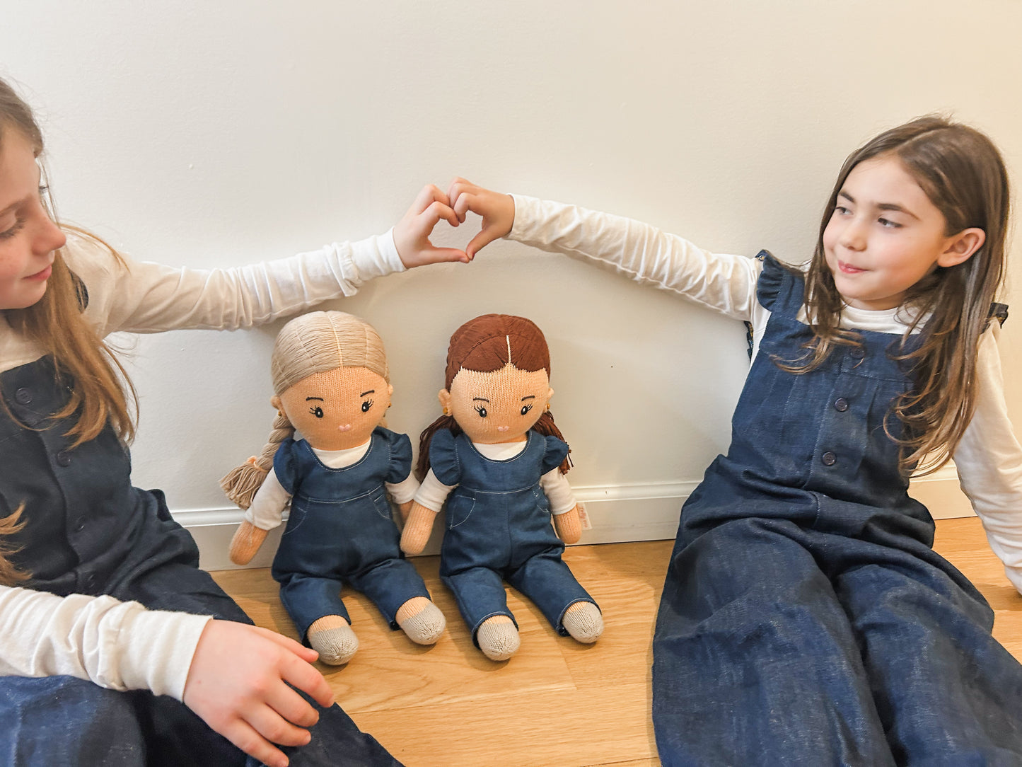 Blonde Hand-Knit Girl Doll  in Denim Romper