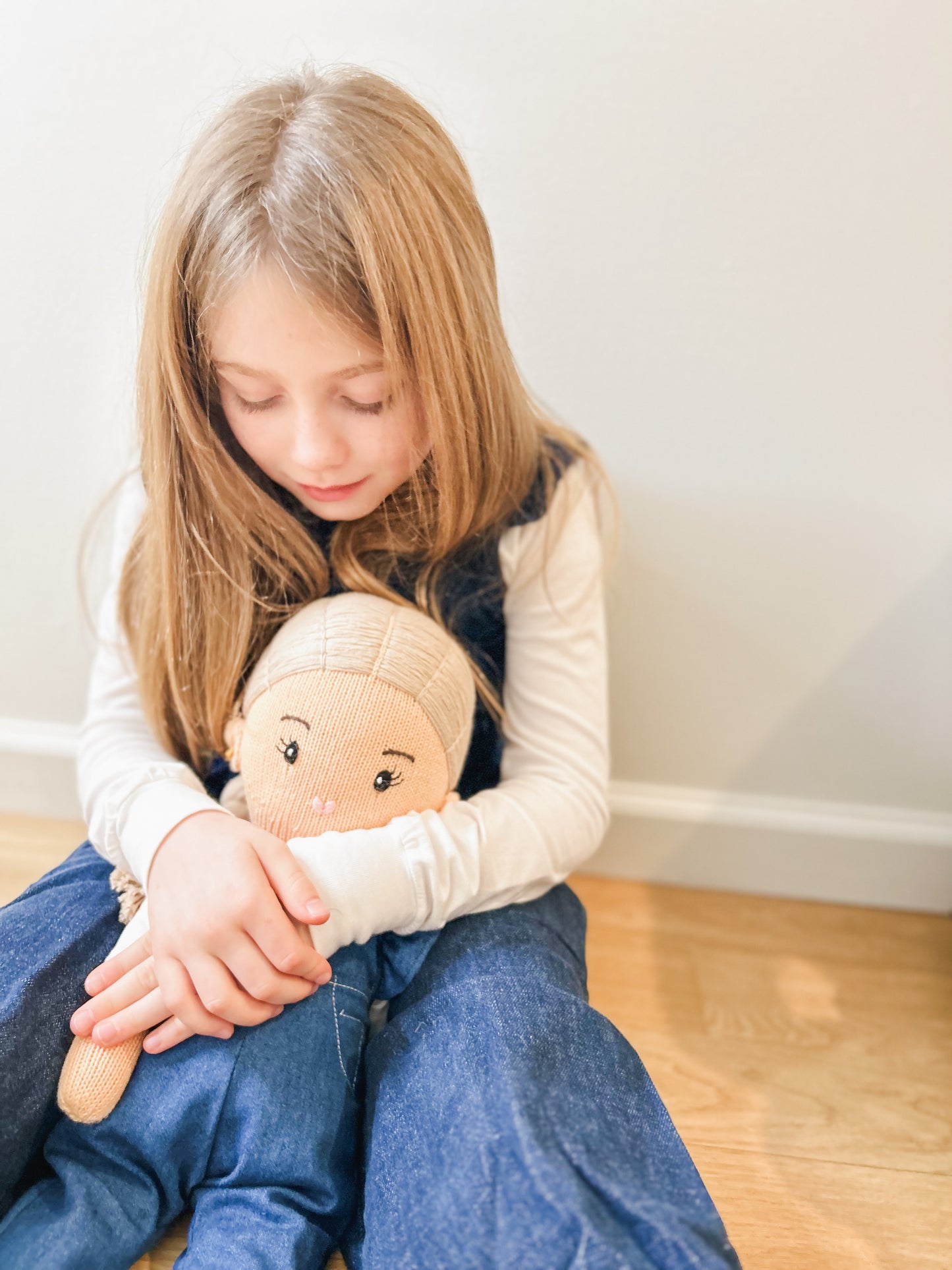 Blonde Hand-Knit Girl Doll  in Denim Romper