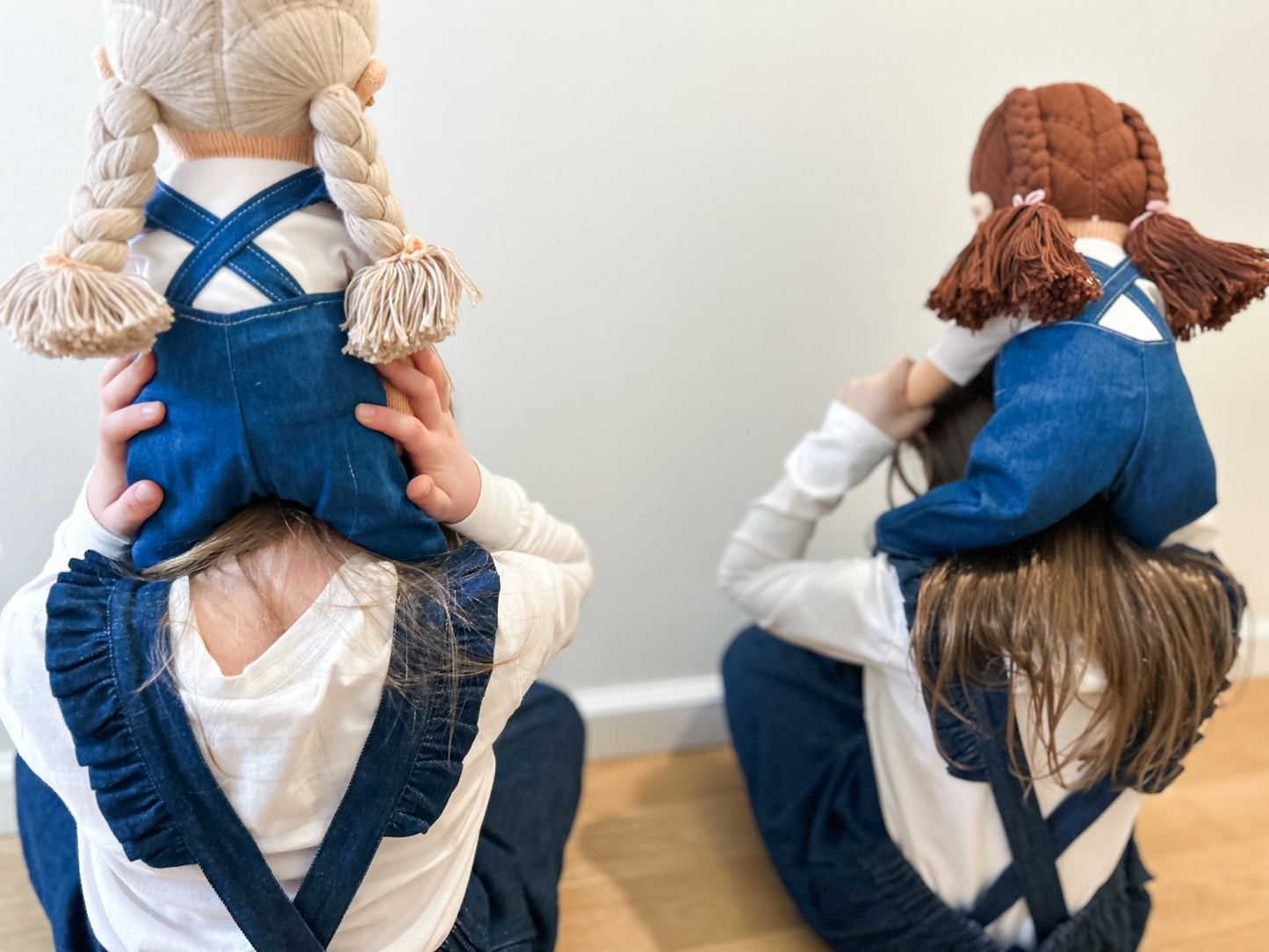 Blonde Hand-Knit Girl Doll  in Denim Romper