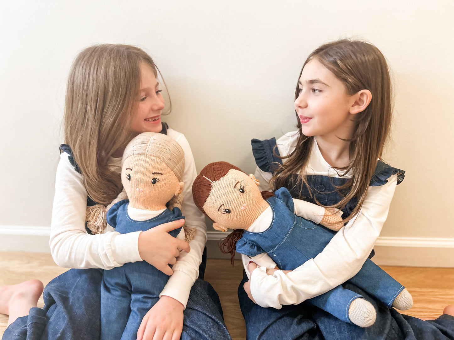 Blonde Hand-Knit Girl Doll  in Denim Romper