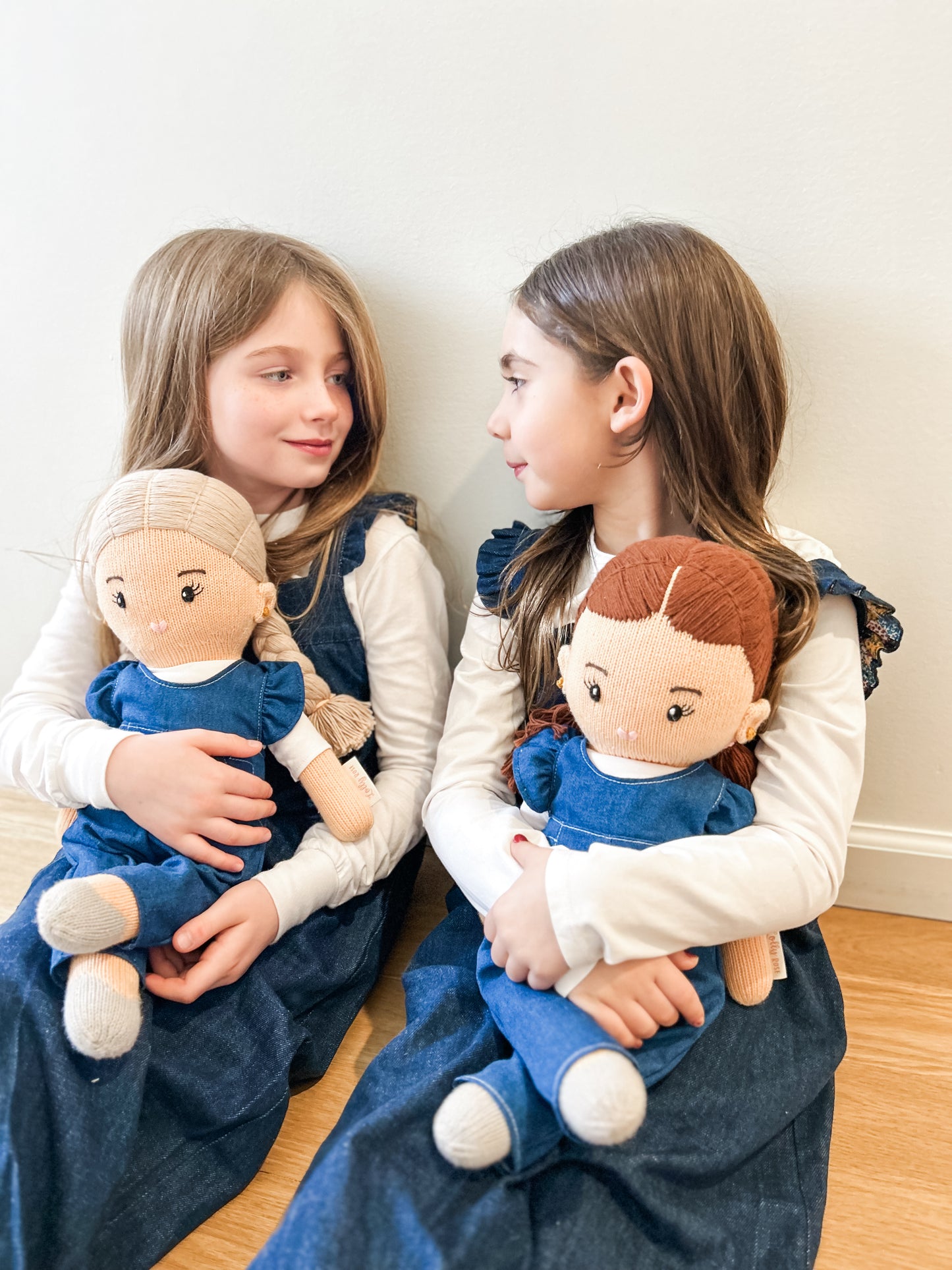 Blonde Hand-Knit Girl Doll  in Denim Romper