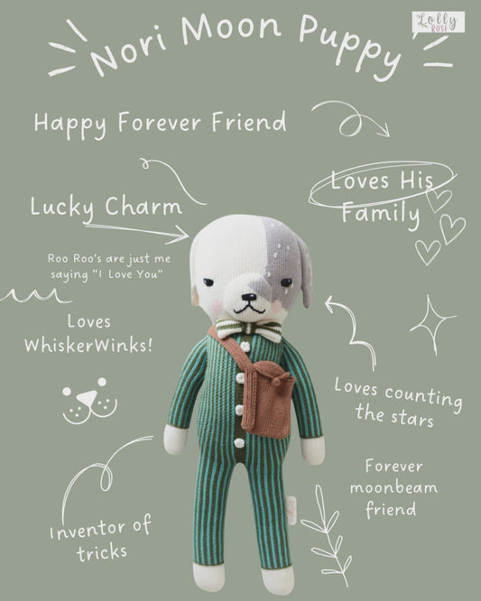"Nori Moon Puppy" Hand-Knit Teal Dog Doll